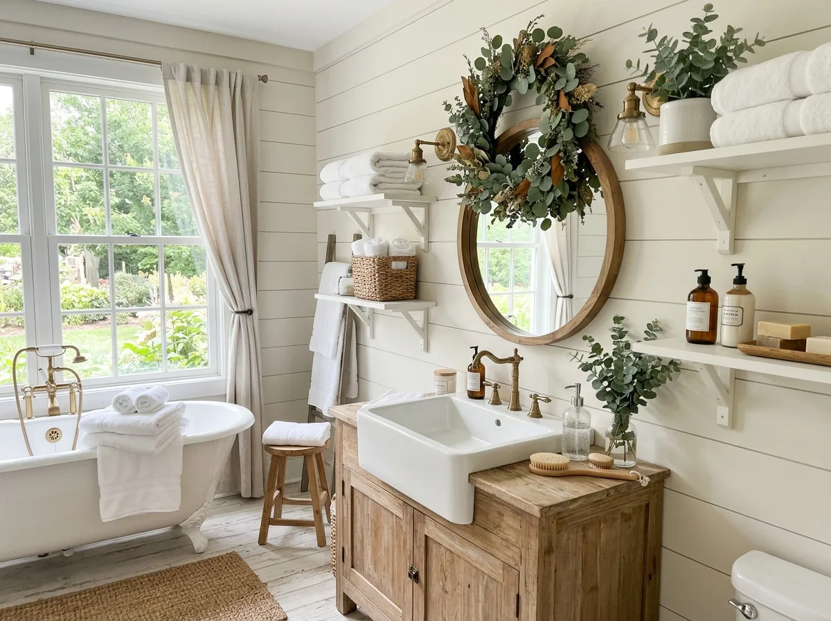 Farmhouse bathroom styled with eucalyptus greenery